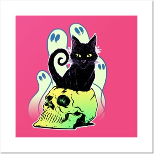 Skull Cat with Ghosts Posters and Art